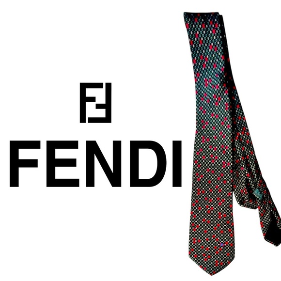 Vintage FENDI Roma SILK Designer Luxury Men Dark Grey black Red Print green TIE - Picture 1 of 3